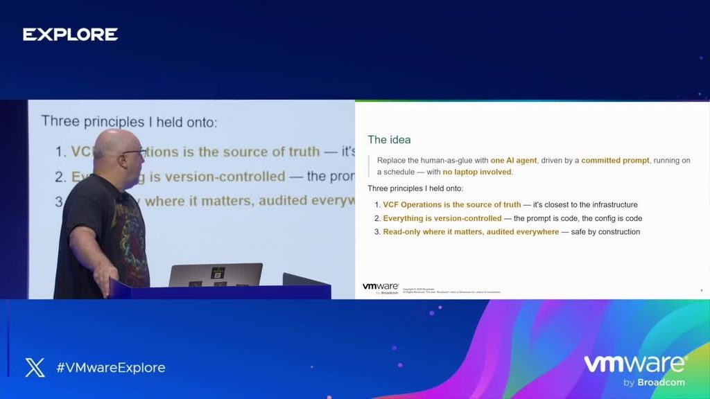 Piotr Tarnawski presenting the three principles behind the AI-powered VCF workflow
VCF Operations as the source of truth, prompts under version control, and read-only access by default. Source: VMware Explore 2026 session recording
