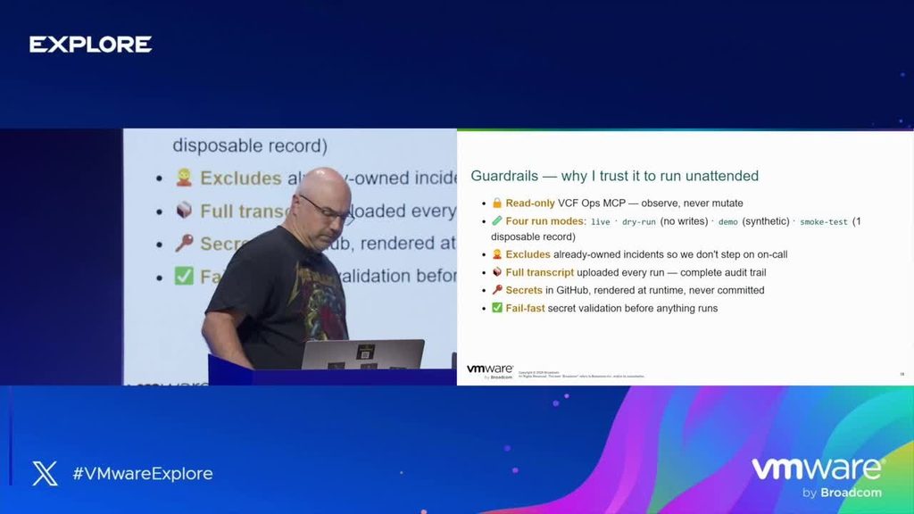 Piotr Tarnawski presenting the security and operational guardrails used for the autonomous workflow.

Read-only integrations, GitHub Actions secrets, dry-run testing, and full transcripts keep the workflow controlled and auditable. Source: VMware Explore 2026 session recording.

