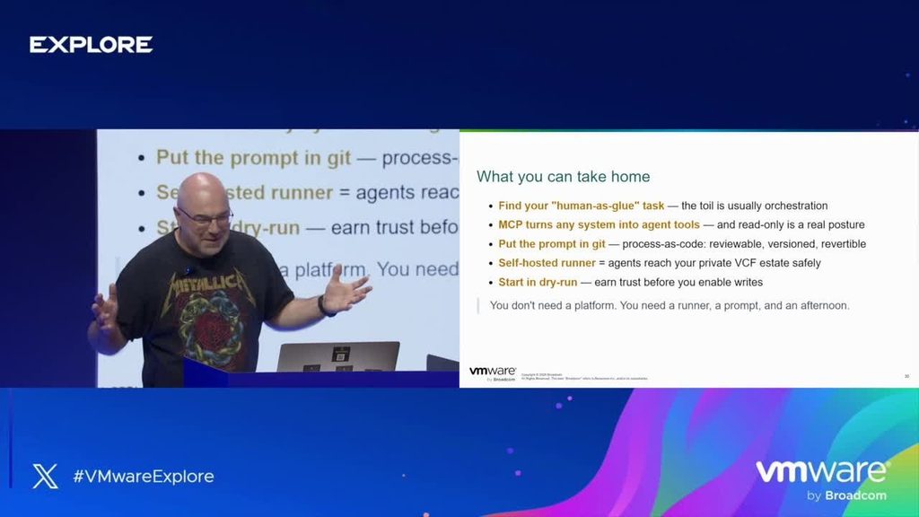 Piotr Tarnawski presenting the practical takeaways from his VMware Explore 2026 session.

The final takeaways: find the human-as-glue task, keep MCP read-only, version the prompt, use a self-hosted runner, and begin with dry-run testing. Source: VMware Explore 2026 session recording.
